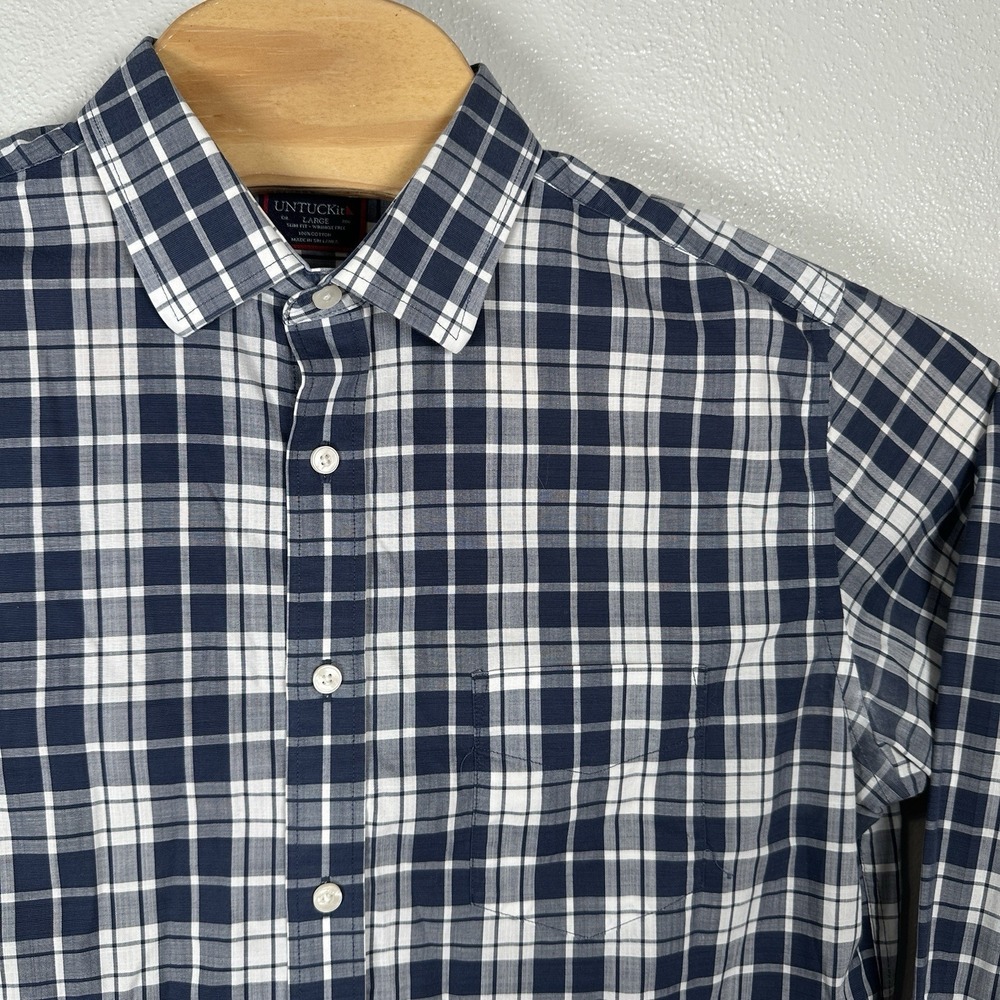 UNTUCKit Shirt Mens Sz Large Blue Plaid Rooney Slim Fit Wrinkle Free Button Down